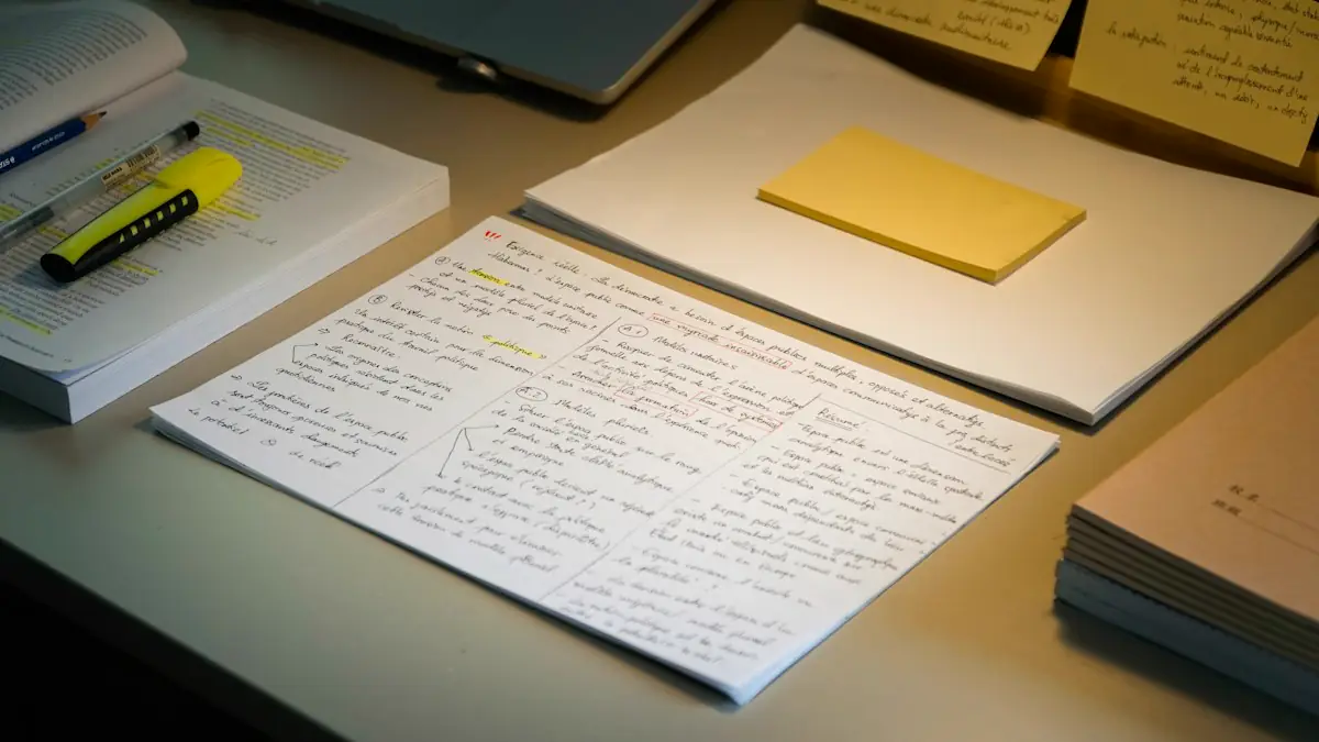 Papers, pens and a highlighter on a desk under warm light.