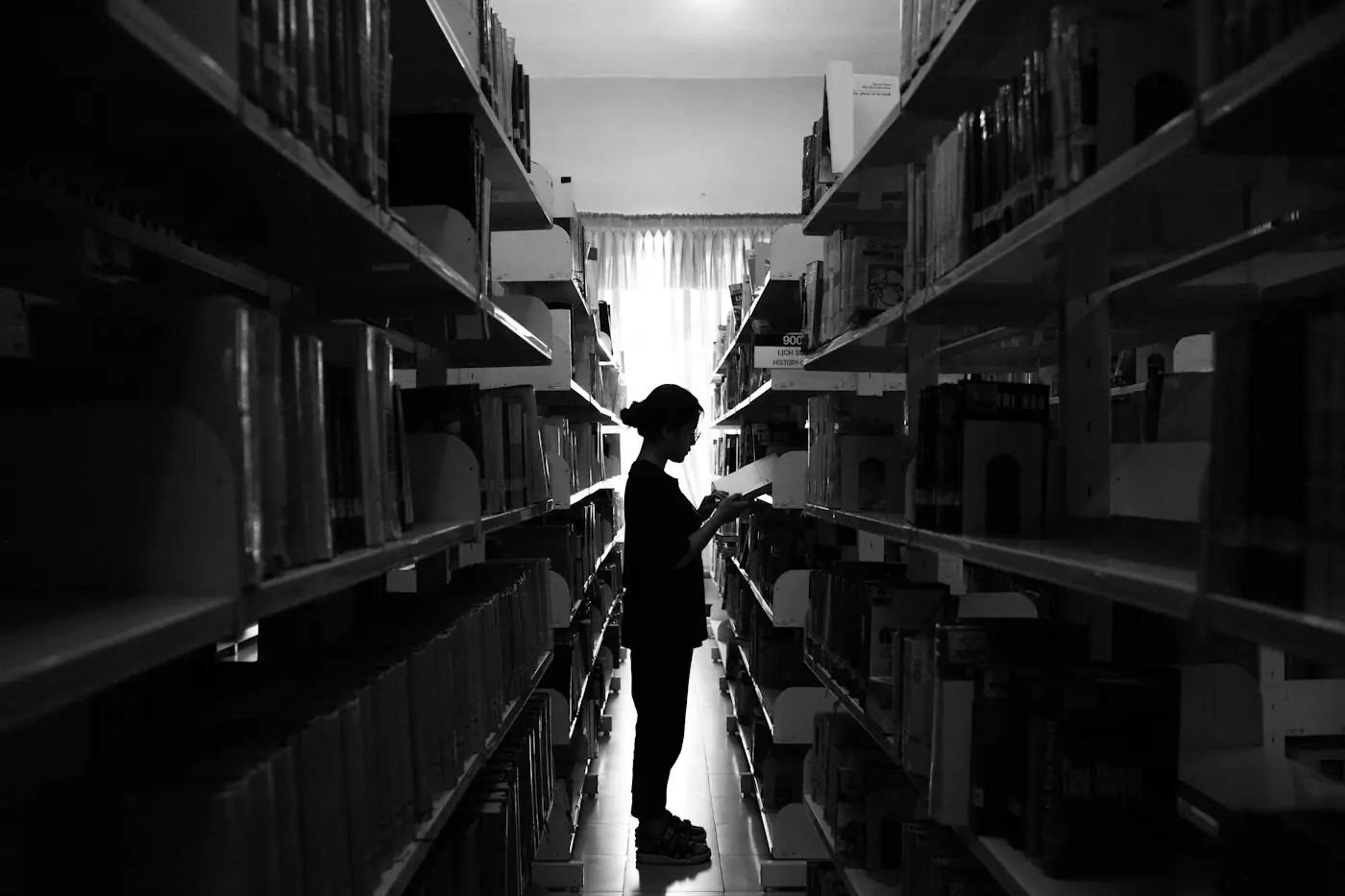 A person reading between tall library shelves, lit from a window at the end of the aisle.