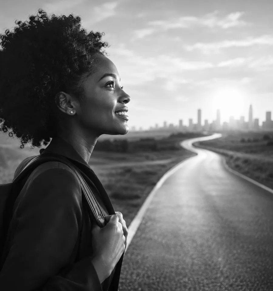 A woman with a bag on her shoulder looking ahead down an open road toward a city at sunrise.